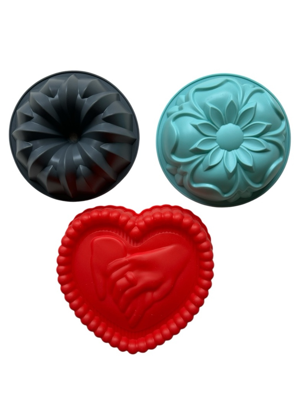 Set of 3 Silicone Nonstick Cake Baking Molds in Bundt Flower Heart Shapes NWT